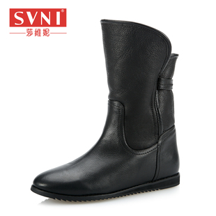  SVNI欧美新款真皮女式羊皮毛一体中筒雪地靴平跟马丁靴冬