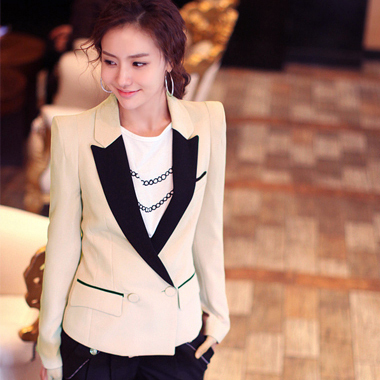 MUNSAVILE 时尚韩版新款女装 豹纹拼色修身耸肩针织小西装女外套