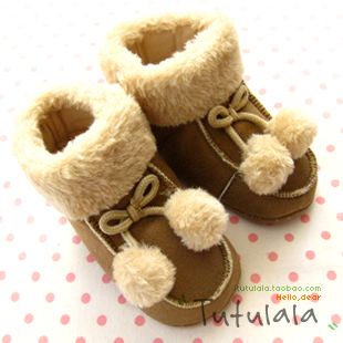  驼色绒球 英国mothercare婴儿鞋 保暖鞋 薄棉靴 宝宝步前鞋 防滑