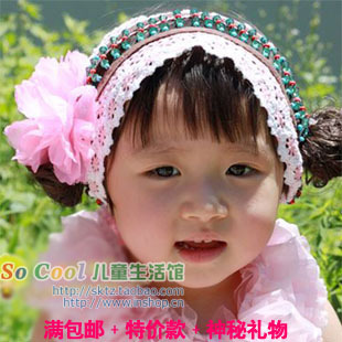 儿童发饰品 超美花朵假发发带 女童 宝宝珠链假发发套礼服配饰品