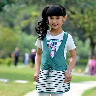  原创纯棉假两件套装小中大童长款Tt恤衫女童条纹短袖儿童抽绳上衣