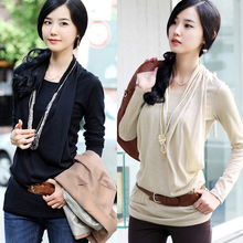 新品 2010秋季新款秋装 纯色百搭女装 淑女假两件包臀长袖T恤