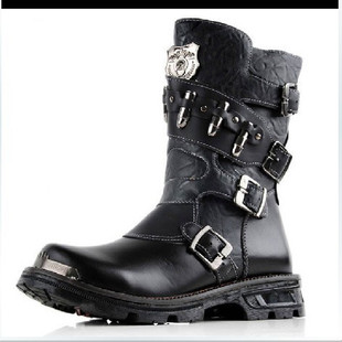  英伦韩版春秋新款时尚潮流男靴户外牛仔靴男式军靴子多扣子弹男靴