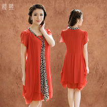 樱熙<span class=H>2013</span>春夏装韩版女装圆领套头纯色豹纹短袖夏季雪纺连衣裙大码