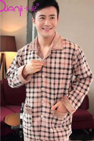 <em>千纪睡衣</em>男2014纯棉春秋针织全棉三层夹层薄
