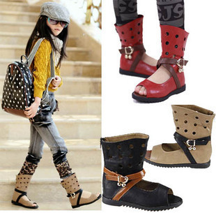  春夏新款女童鞋韩版百搭镂空皮扣凉鞋凉靴罗马款鱼嘴露趾短靴