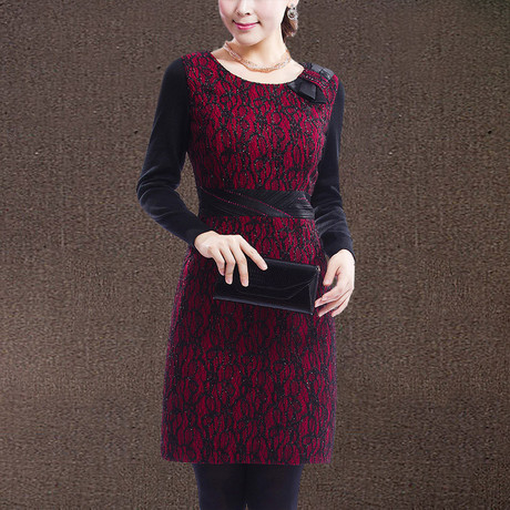秋冬装新款中年<em>女士</em>大码长袖蕾丝<em>连衣裙韩版</em>宽