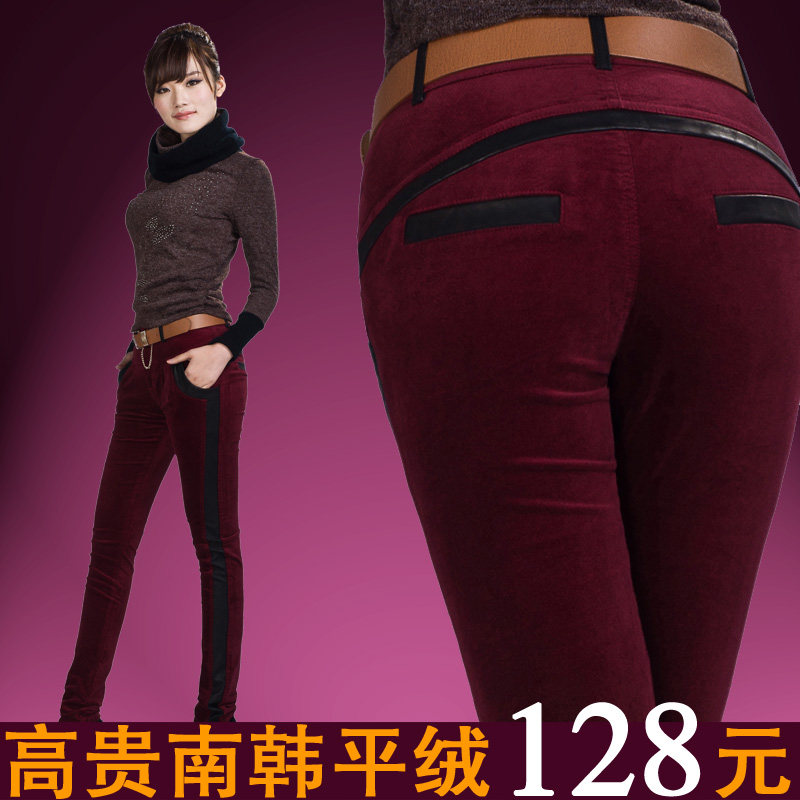 2012冬季品质女裤 新款平绒铅笔裤小脚裤长裤子 PU皮条绒显瘦靴裤