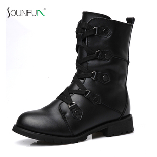  淘金币 sounfun 秋冬新款真皮马丁靴平跟中筒靴欧美女靴子骑