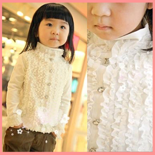  韩版女童蕾丝花边衬衫立领长袖衬衫儿童宝宝纯棉衬衣