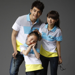  夏季韩版修身翻领拼色情侣短袖T恤母女父女装亲子装成品T恤