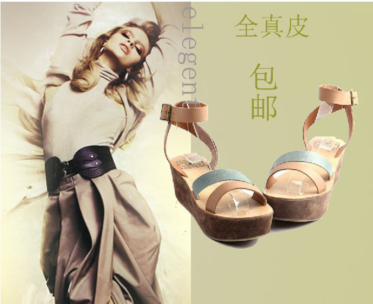 包邮促销LUCKY BRAND 夏季新品 真皮松羔底厚底坡跟凉鞋拼色撞色