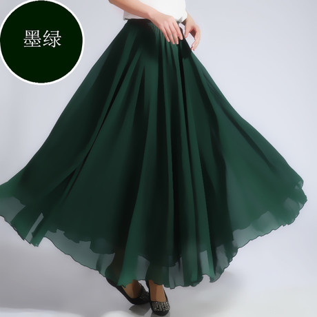 墨绿色半身裙雪纺长裙 大摆显瘦 绿色裙子 飘逸