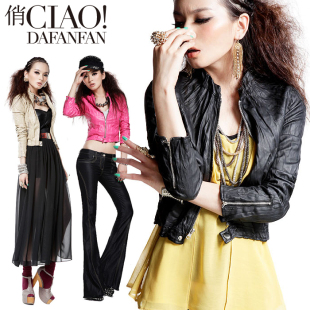 品牌特卖 CIAO!俏 2012春装新款 褶皱皮衣 欧美修身女装 短款外套