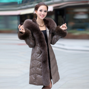  促销新品 绵羊皮真皮羽绒服 超大狐狸毛领长款修身海宁皮衣女