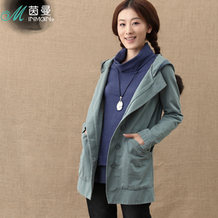  茵曼春装新品风衣修身带帽秋装外套纯棉风衣女外套823041751