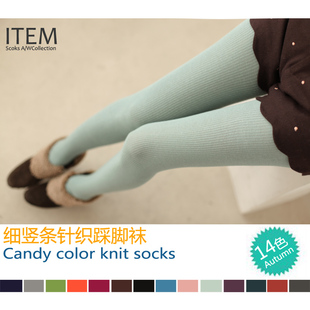  ITEM超正秋冬打底裤袜 日系女针织竖条纹糖果色踩脚连裤袜子