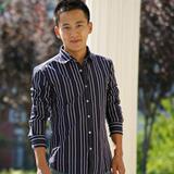 JackJones/杰克琼斯专柜正品 男士黑紫色条纹长袖衬衫05001