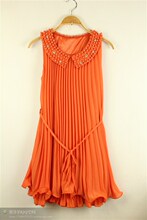 2012夏装新款女优雅气质百褶雪纺连衣裙波西米亚风翻领珍珠背心裙