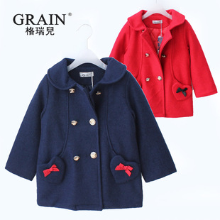  格瑞儿童装 新款秋冬女孩大衣 双排扣厚外套 学院风呢大衣9101