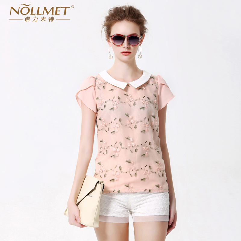 诺力米特原创定制2014新夏款娃娃领雪纺小衫短袖宽松雪纺衫N14226