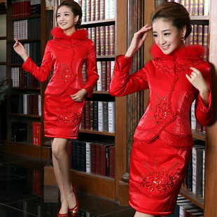  婚纱礼服旗袍新款中国红冬款旗袍 韩版礼服新娘结婚敬酒服