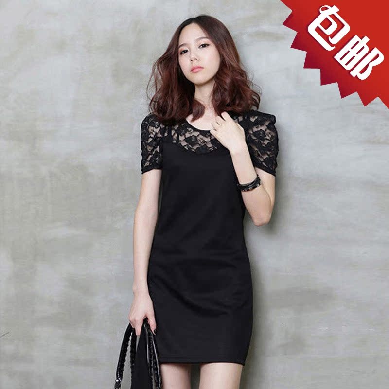 包邮2014春装新款短袖女韩版黑色蕾丝显瘦大码女装修身针织连衣裙