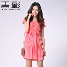 香影12新款正品夏女装蕾丝压皱连衣裙Q822083原价379元
