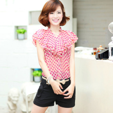 红香影袖2012夏装新款正品波点荷叶领显瘦雪纺衬衫女短袖衬衣T恤