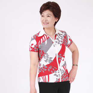 韩版中年女士小衫 套头翻领短袖T恤衫 时尚妈