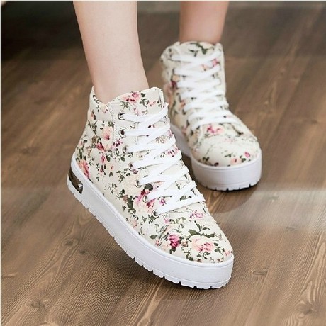 2014春夏季新款碎花高帮厚底女帆布鞋 韩版潮