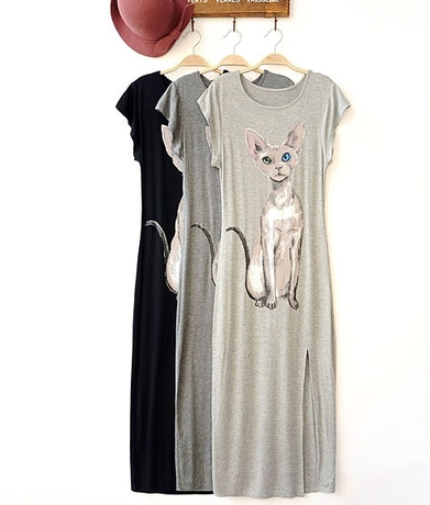 2014韩日美眉猫咪图连衣裙莫代尔T恤连衣长裙