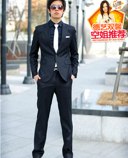  韩版西服套装纯色布一粒单排扣修身青年时尚休闲侧开衩职业小西装