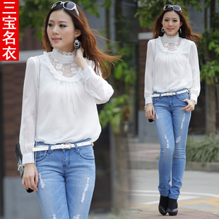  夏装秋装新款女装大码韩版上衣蕾丝立领衬衫宽松长袖雪纺衫女