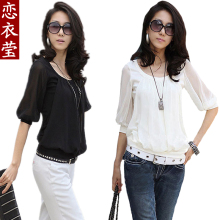恋衣莹女装 2012夏装新款 短袖 雪纺衫 灯笼袖 蕾丝衫 半袖 上衣