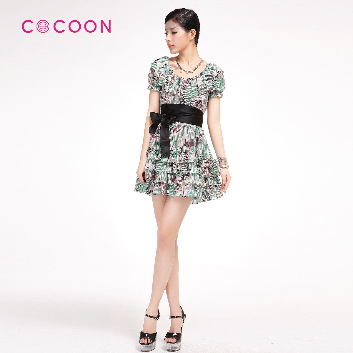 COCOON2012新品真丝高腰荷叶边泡泡蛋糕裙摆短袖连衣裙312202025