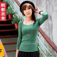 五一特卖T恤 春装韩版女式<span class=H>李</span><span class=H>孝利</span>修身中长款姐妹装方领<span class=H>长袖</span>打底衫
