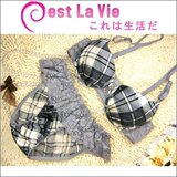 VIVI日本热推C'est La Vie专柜正品学院格仔前扣蕾丝文胸内衣套装