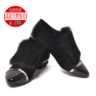  包邮新款平跟兔毛时尚女鞋单鞋女真皮深口鞋韩国欧美公主