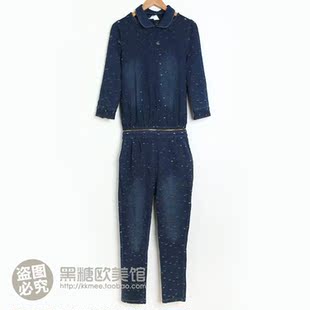  春装新款 后开扣中袖破洞牛仔连体女套装 连体裤连身裤欧货