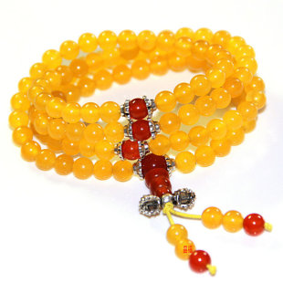  天然水晶黄玉髓佛珠手链108-216颗配红玛瑙藏银养颜旺财旺夫多圈