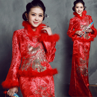  天使的嫁衣冬季婚纱礼服新款晚礼服旗袍红色长款毛夹棉结婚