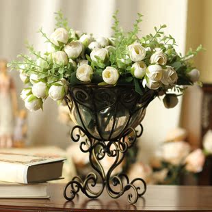  高仿真花套装 瓦塞尔复古铁艺玻璃花瓶+5束春色珠光玫瑰 整体花艺