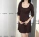 日单轻薄针织高腰长袖连衣裙 咖啡