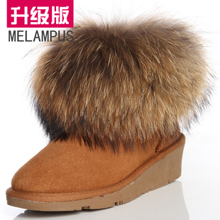  升级版 5854狐狸毛雪地靴 女 狐狸毛牛皮女靴 坡跟短靴子 包邮