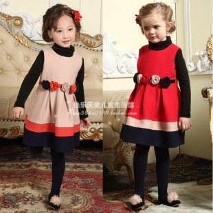  冬新款品牌童装韩版女童背心连衣裙 手工撞色花朵儿童公主裙