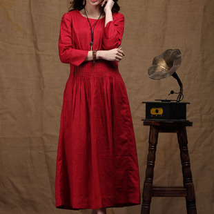 布衣风格衣庄可人原创设计深红亚麻个性连衣裙钢琴师
