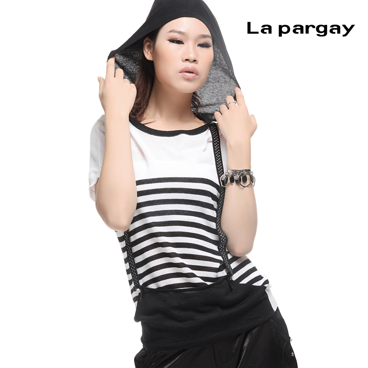 2012新品 lapargay纳帕佳正品条纹背带连帽针织衫女 短袖L271807