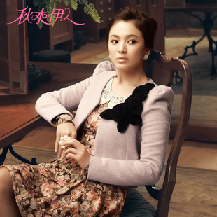  秋水伊人秋冬装新品羊毛针织立体花装毛呢短外套