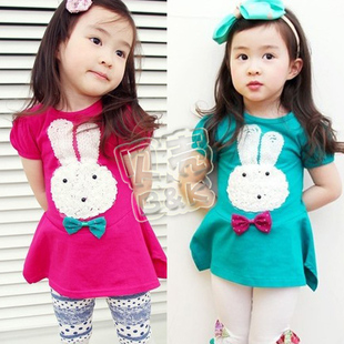  夏装韩版新款 可爱白兔款女童装宝宝儿童短袖连衣裙qz-0125